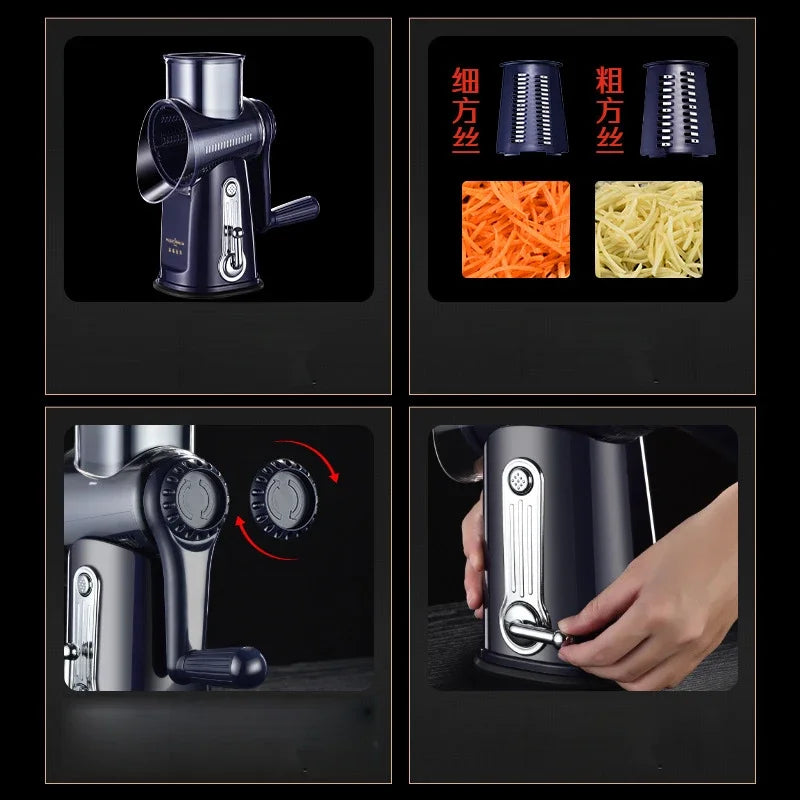 Cortador e fatiador manual de legumes com 5 lâminas rotativas em fundo branco