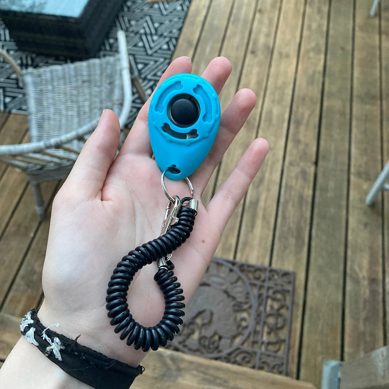 Clicker de treinamento com alça de pulso em fundo branco