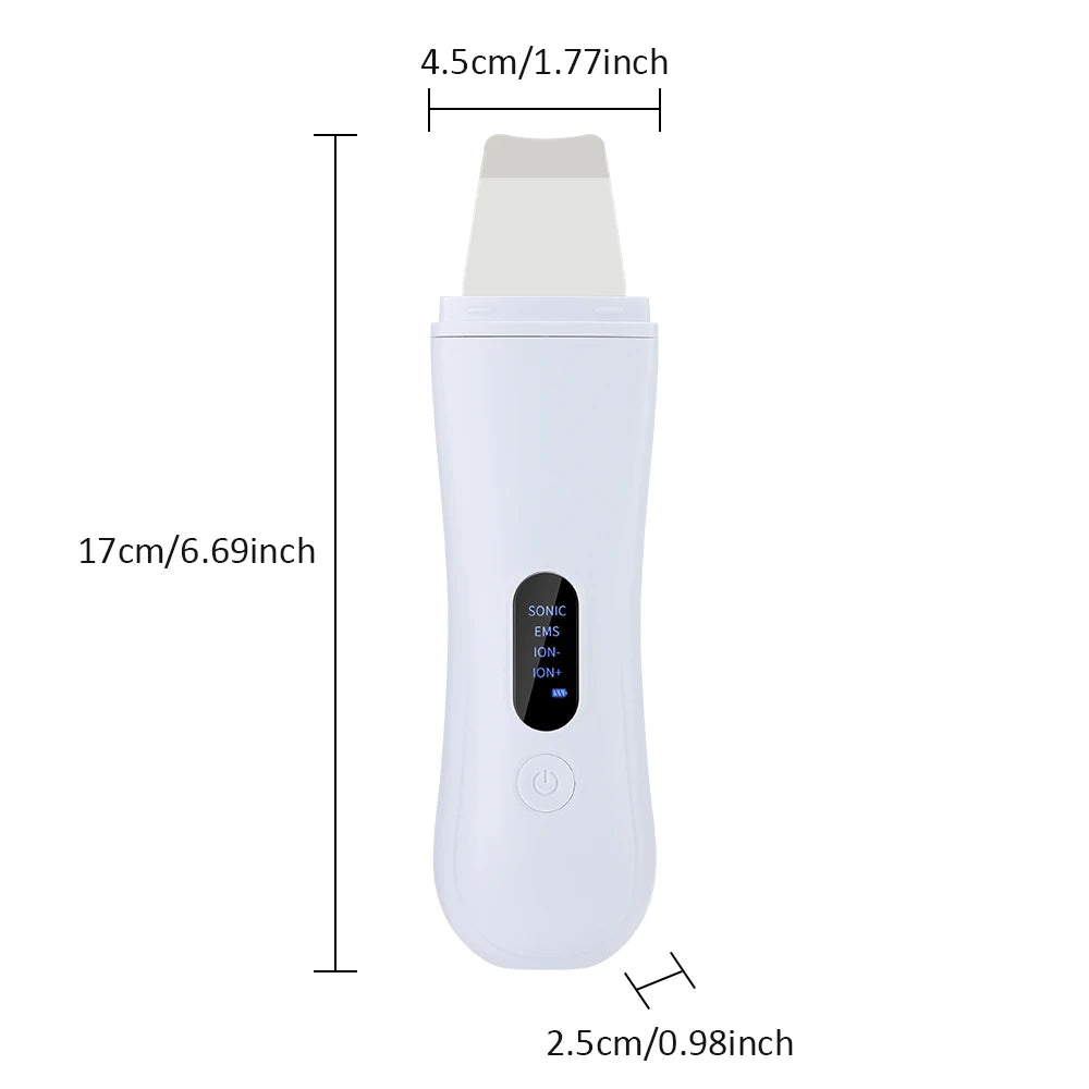 Espátula ultrassônica facial com 4 modos para limpeza de poros em fundo branco