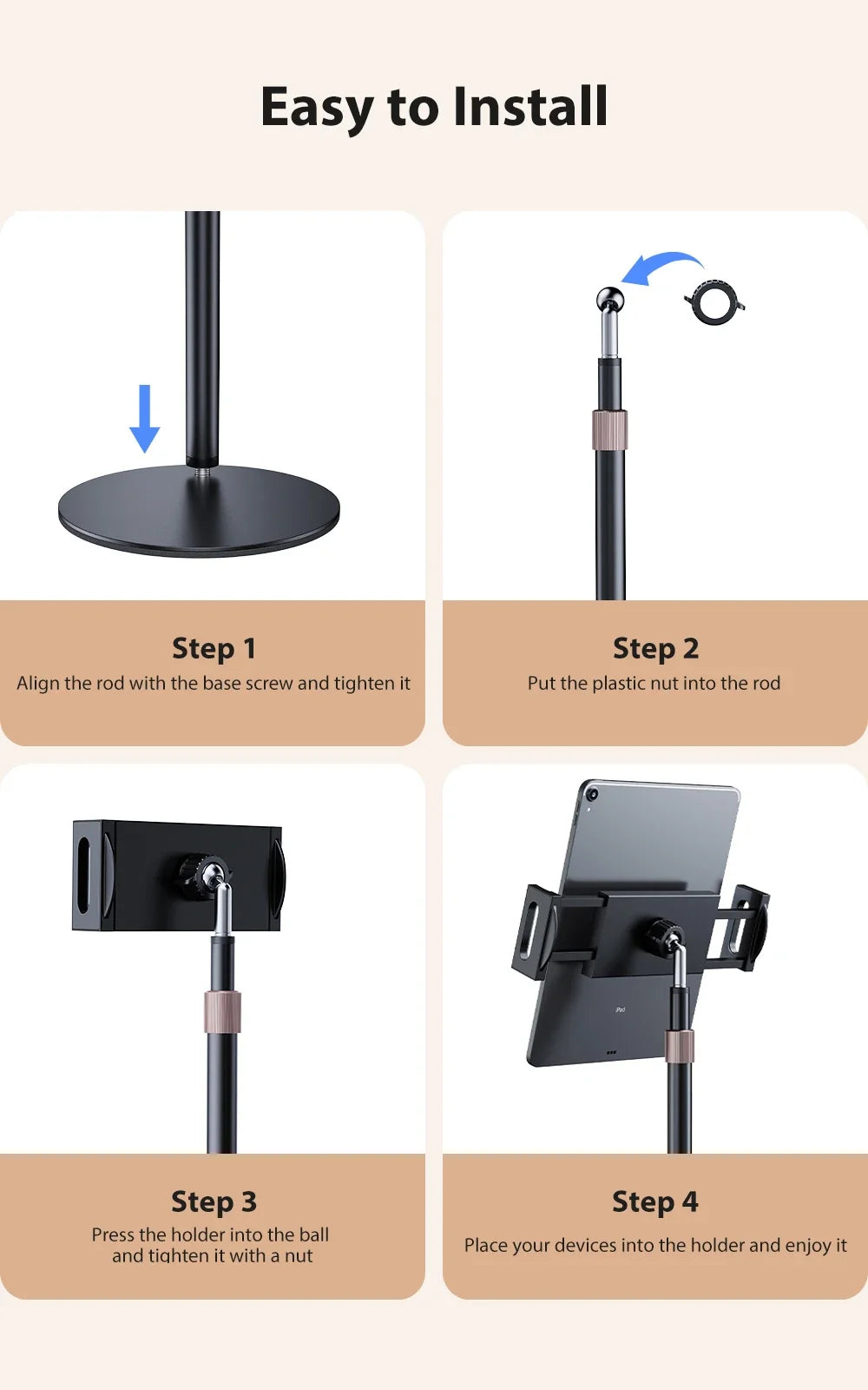 Suporte telescópico ajustável para monitor celular e tablet em fundo branco