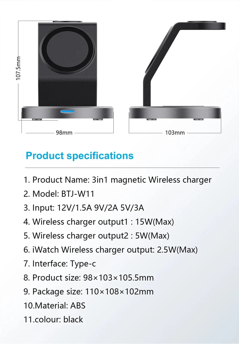 Carregador indução sem fio 3 em 1 para iPhone Watch e AirPods em fundo branco