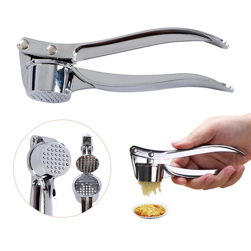 Espremedor de alho manual em aço inox com alça ergonômica em fundo branco