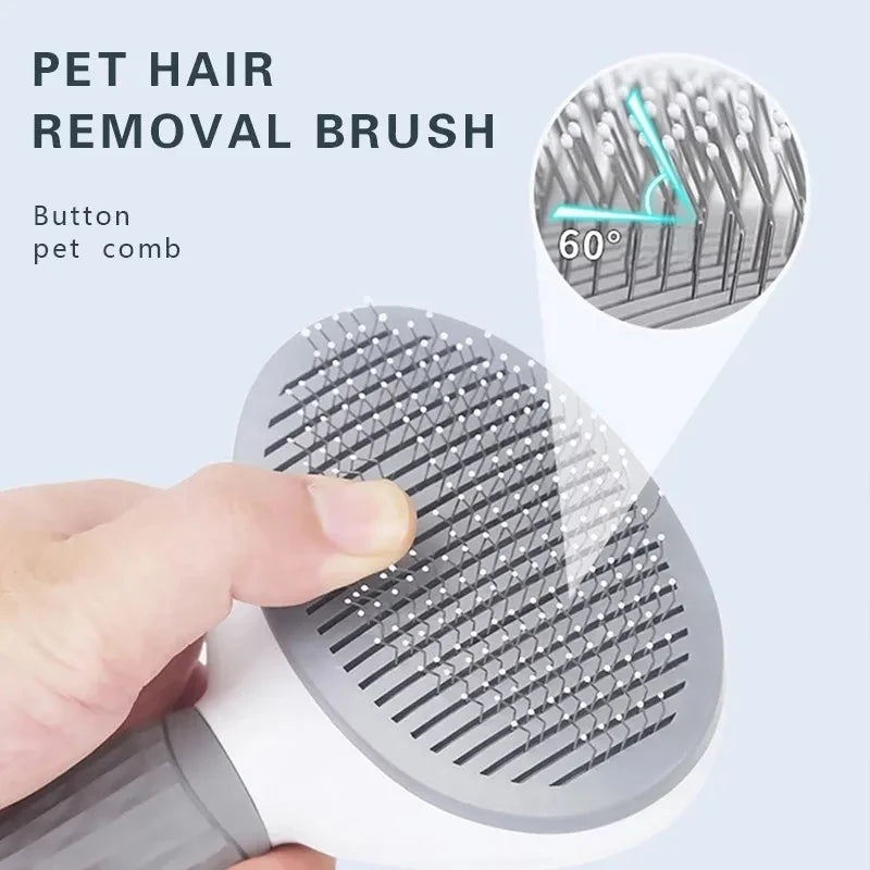 Escova tira pelos autolimpante para cães e gatos em fundo branco