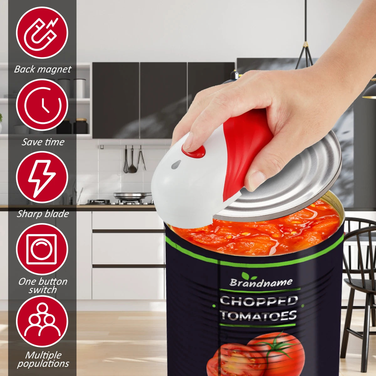 Abridor de latas elétrico automático toque único em fundo branco