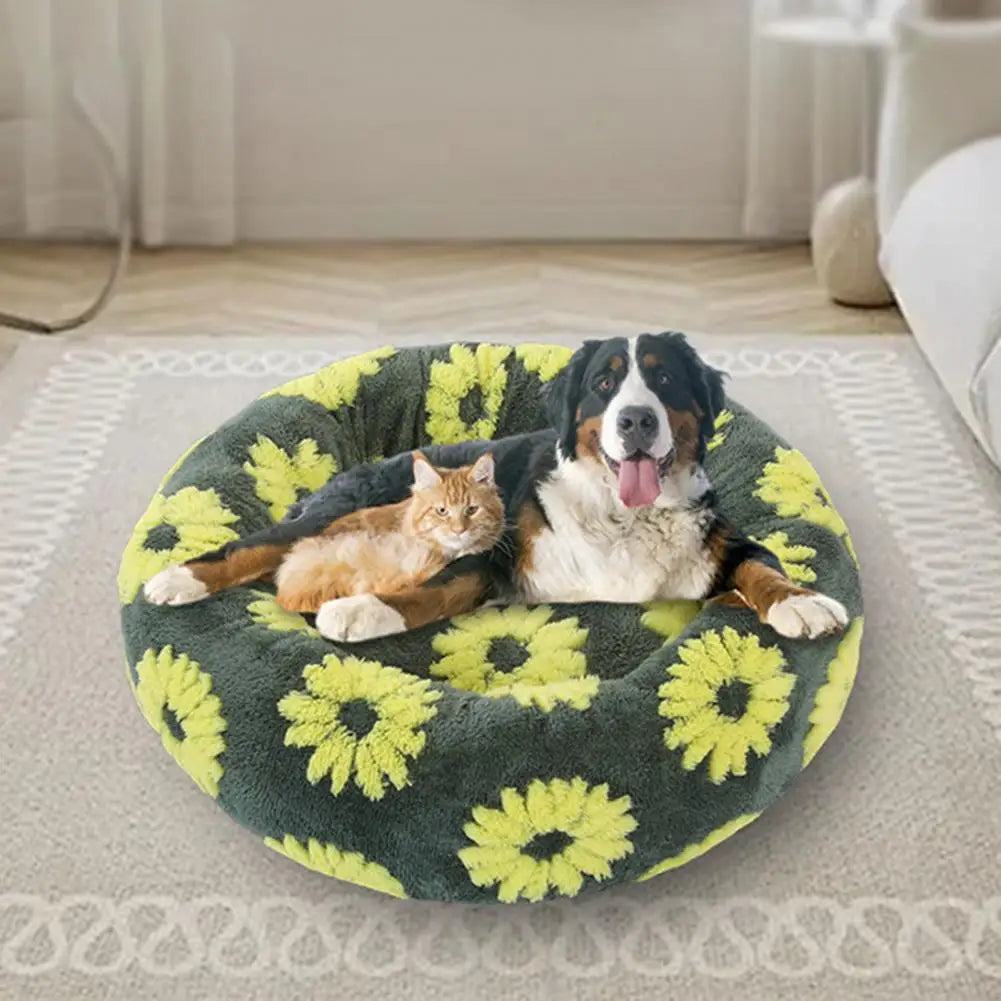 Cama calmante anti ansiedade para pet em pelúcia redonda formato donut em fundo branco