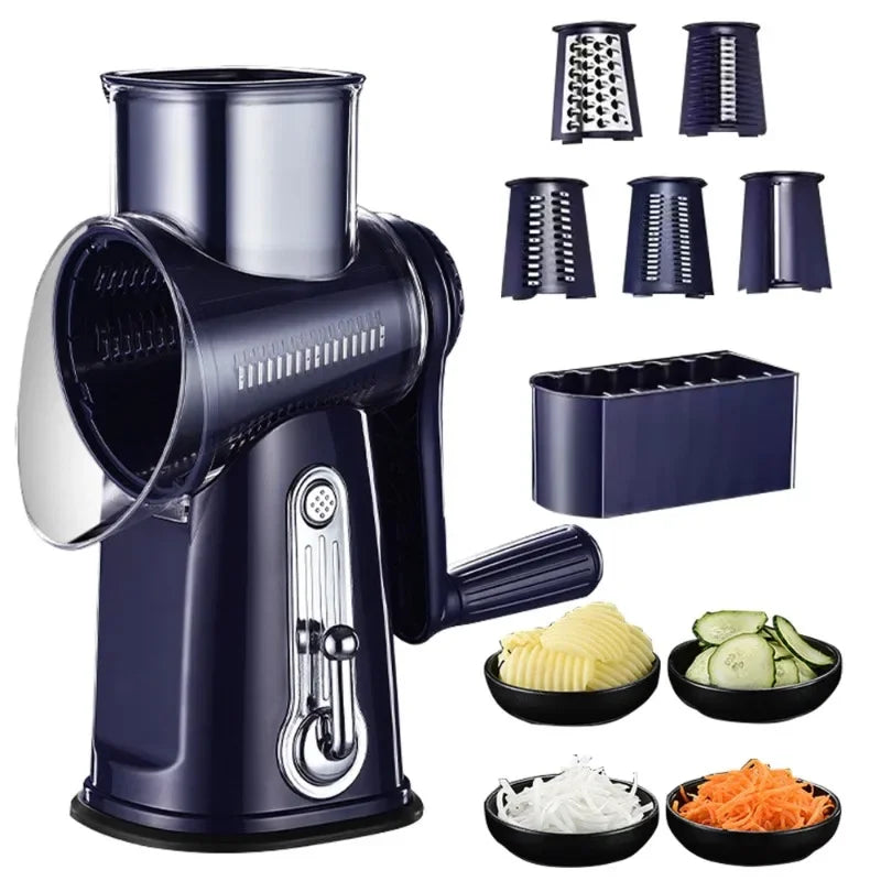 Cortador e fatiador manual de legumes com 5 lâminas rotativas em fundo branco
