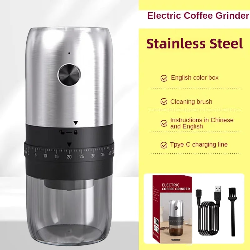 Moedor de café elétrico portátil USB com ajuste de moagem em fundo branco