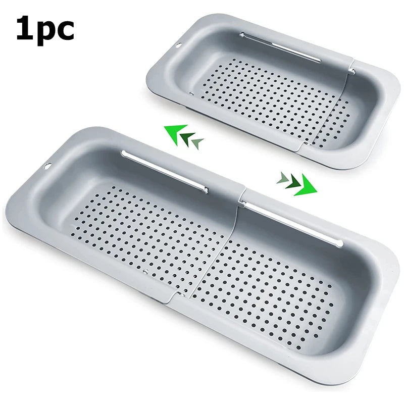 Escorredor retrátil para pia expansível em silicone e aço inox em fundo branco