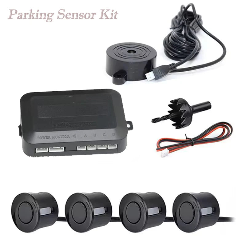 Kit sensor de estacionamento com 4 sensores e alarme sonoro em fundo branco