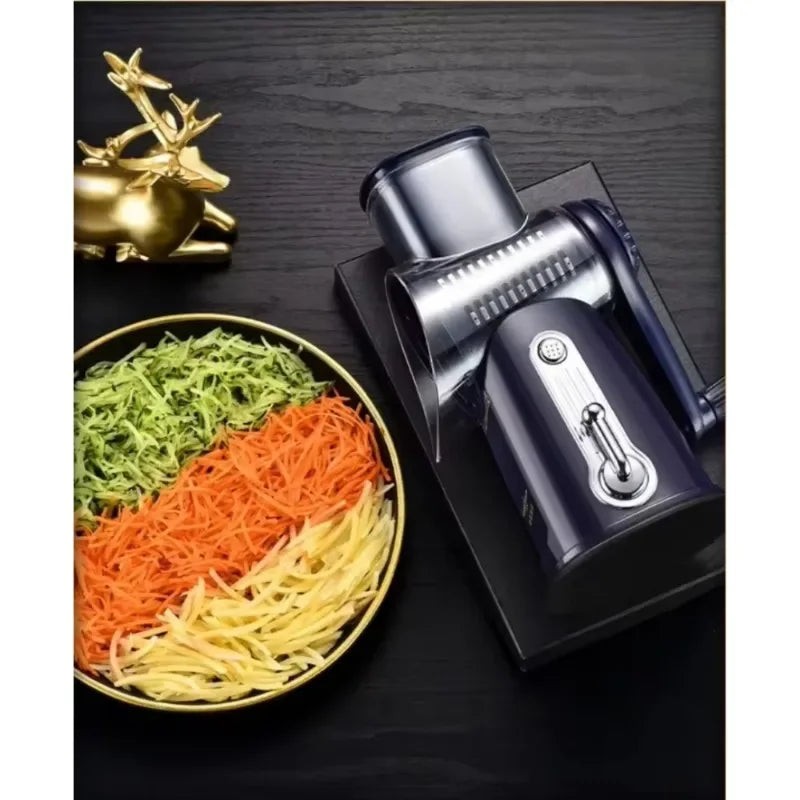 Cortador e fatiador manual de legumes com 5 lâminas rotativas em fundo branco