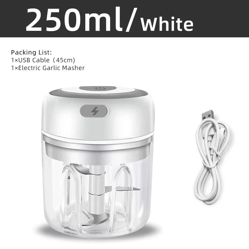 Mini processador de alimentos elétrico USB 250ml picador portátil em fundo branco
