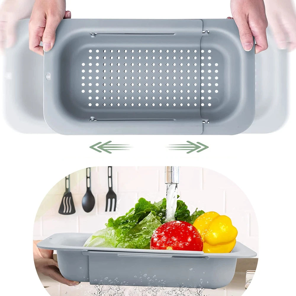 Escorredor retrátil para pia expansível em silicone e aço inox em fundo branco