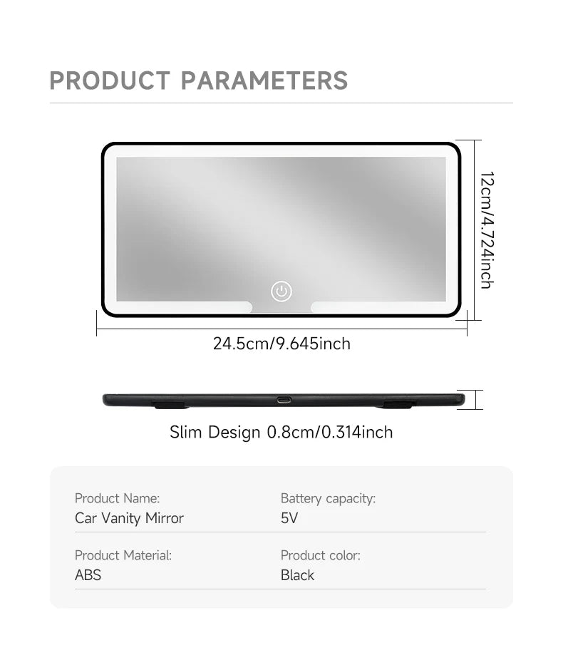 Espelho LED para carro dobrável HD com luz em fundo branco