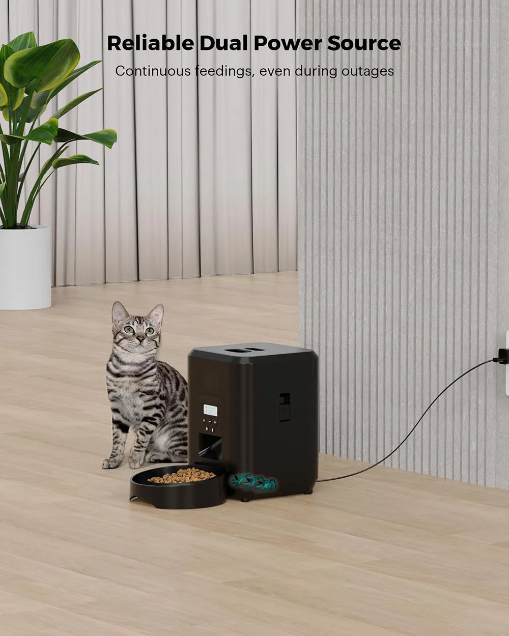 Comedouro automático para pets com timer programável e dispenser inteligente em fundo branco