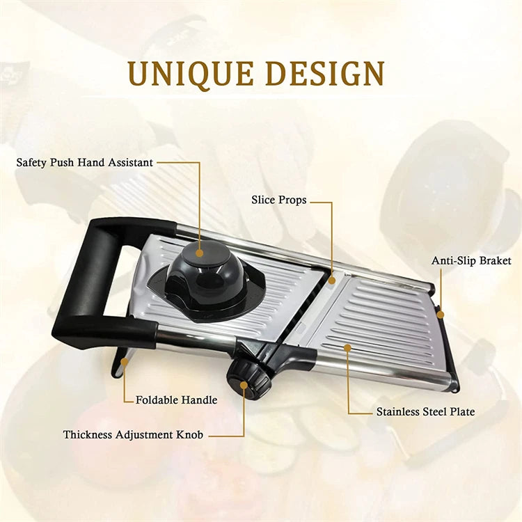 Mandoline fatiador profissional em aço inox ajustável em fundo branco