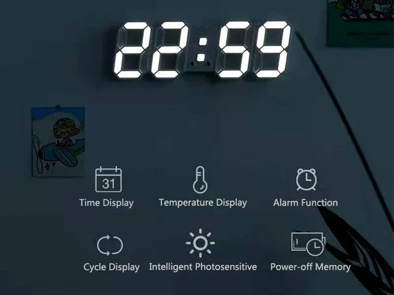 Relógio digital LED 3D de parede com modo noite em fundo branco