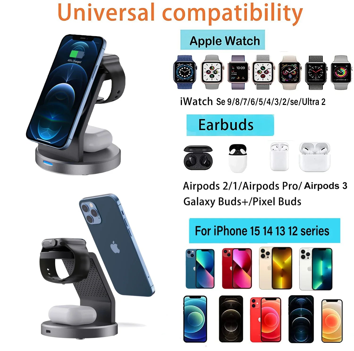 Carregador indução sem fio 3 em 1 para iPhone Watch e AirPods em fundo branco