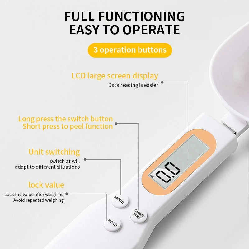 Colher medidora digital com display LCD 500g precisão 0,1g em fundo branco