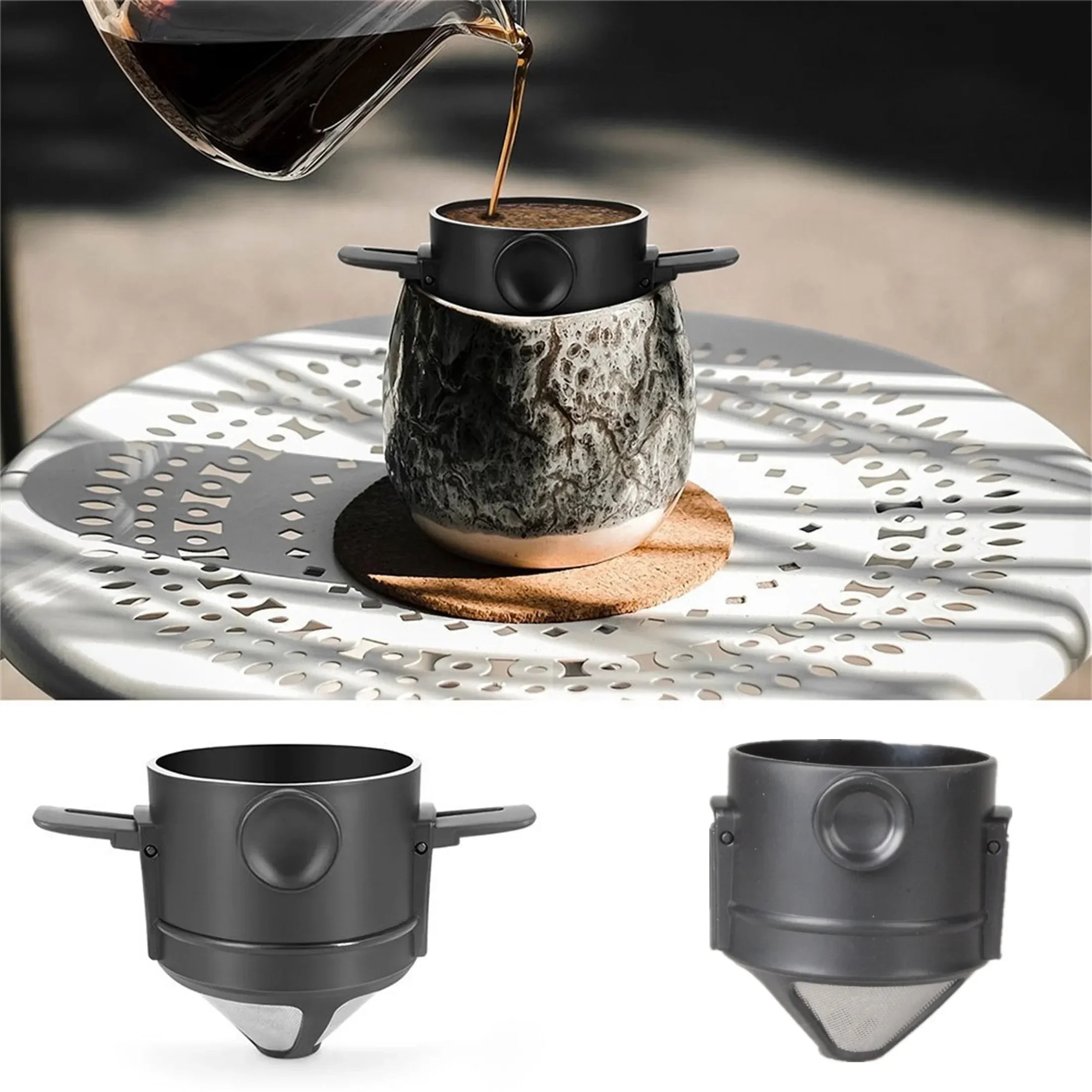 Cafeteira coador portátil inox com caneca térmica em fundo branco