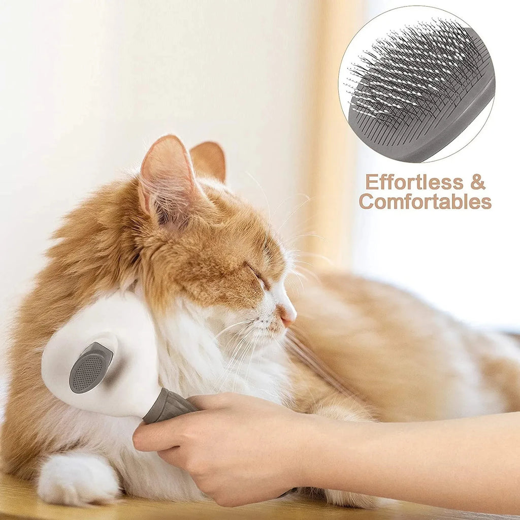 Escova tira pelos autolimpante para cães e gatos em fundo branco
