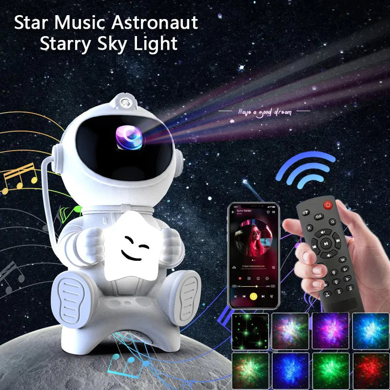 Projetor astronauta galáxia RGB com Bluetooth em fundo branco