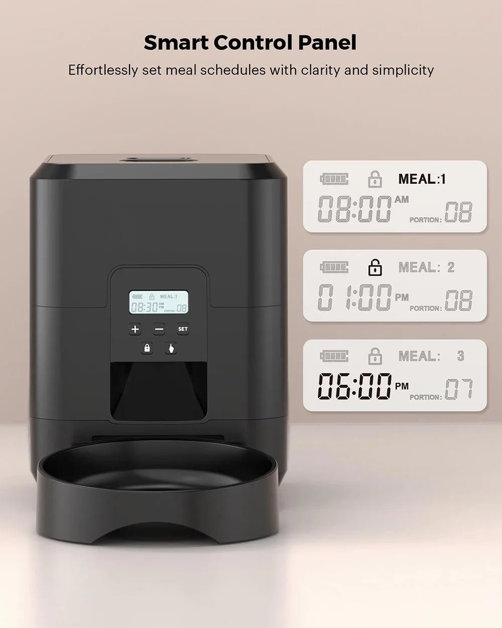Comedouro automático para pets com timer programável e dispenser inteligente em fundo branco