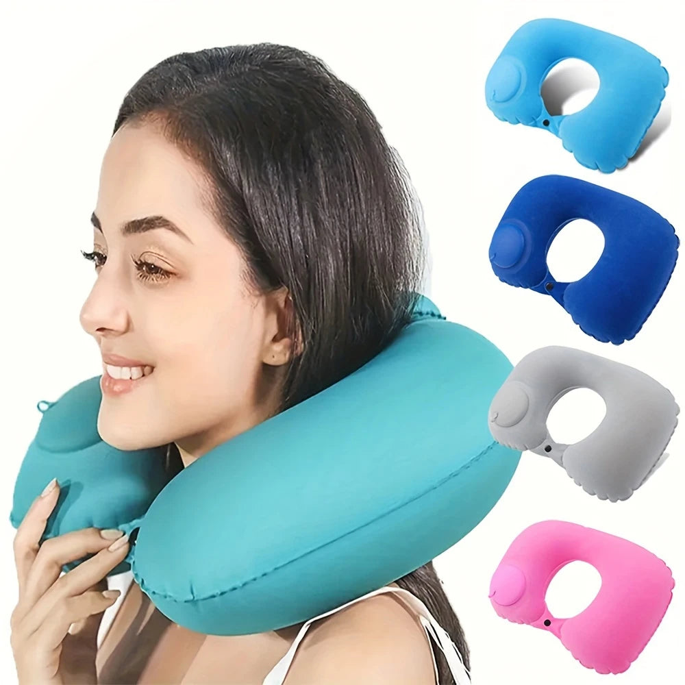 Travesseiro de pescoço inflável portátil para viagem em fundo branco