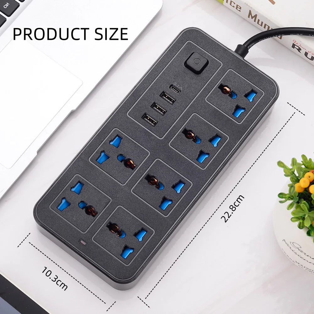 Extensão elétrica régua universal múltiplos plugues bivolt em fundo branco