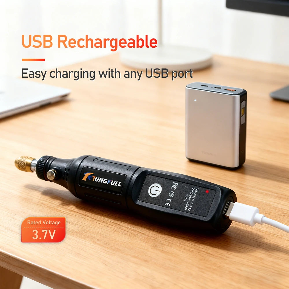 Mini micro retífica elétrica USB recarregável em fundo branco