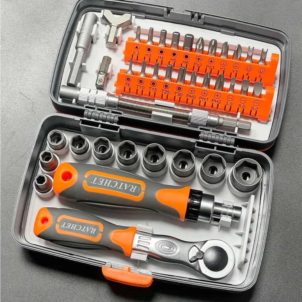 Kit de chaves de fenda e philips catraca profissional 38 peças em fundo branco