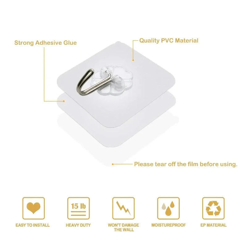 Kit de ganchos adesivos transparentes para parede em fundo branco