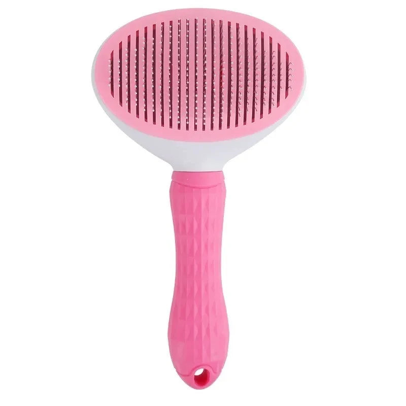 Escova tira pelos autolimpante para cães e gatos em fundo branco
