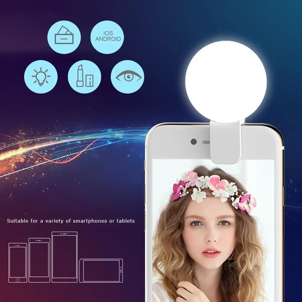 Ring light para celular clip com 3 níveis de luz em fundo branco
