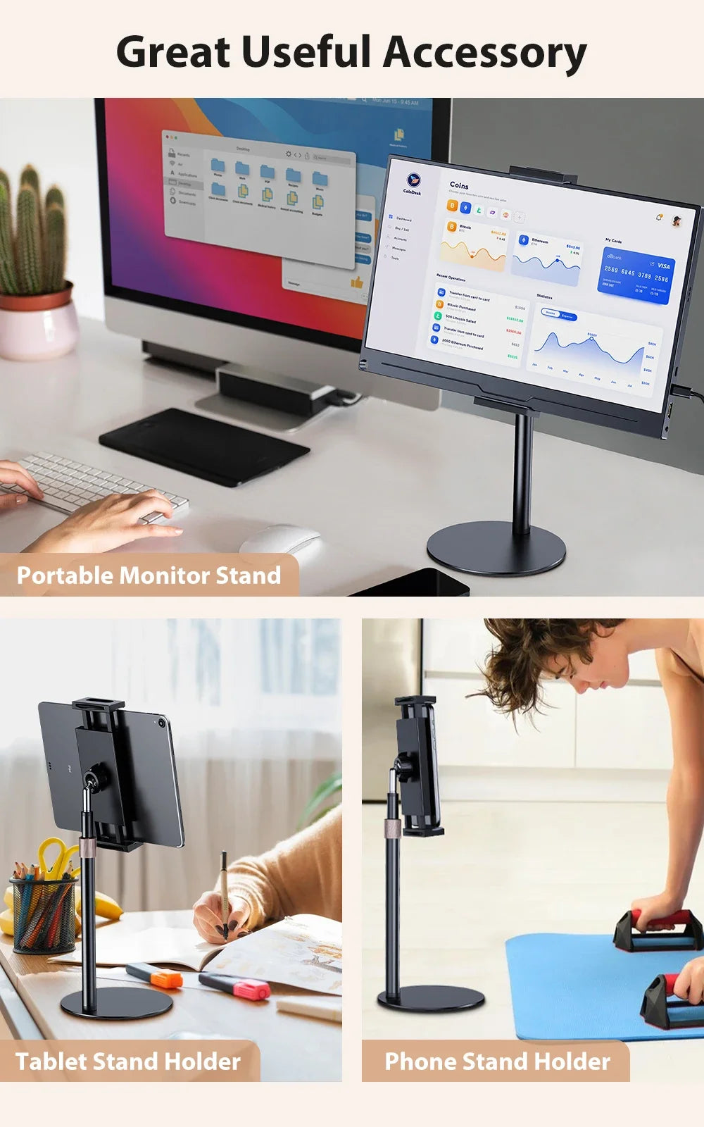 Suporte telescópico ajustável para monitor celular e tablet em fundo branco