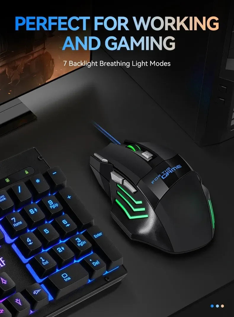 Mouse gamer USB com LED RGB ergonômico em fundo branco