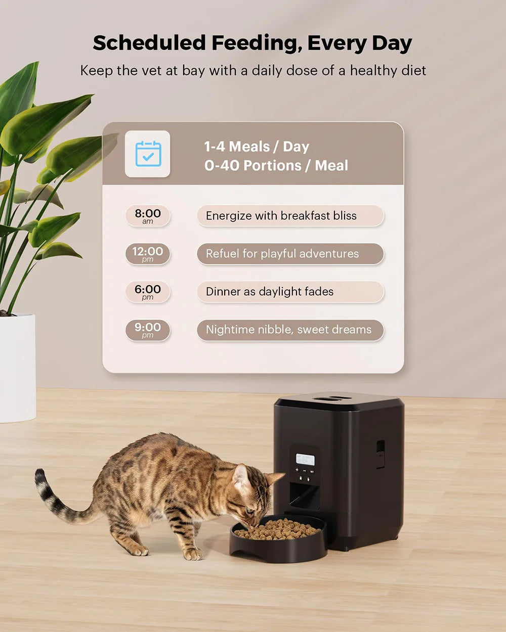 Comedouro automático para pets com timer programável e dispenser inteligente em fundo branco