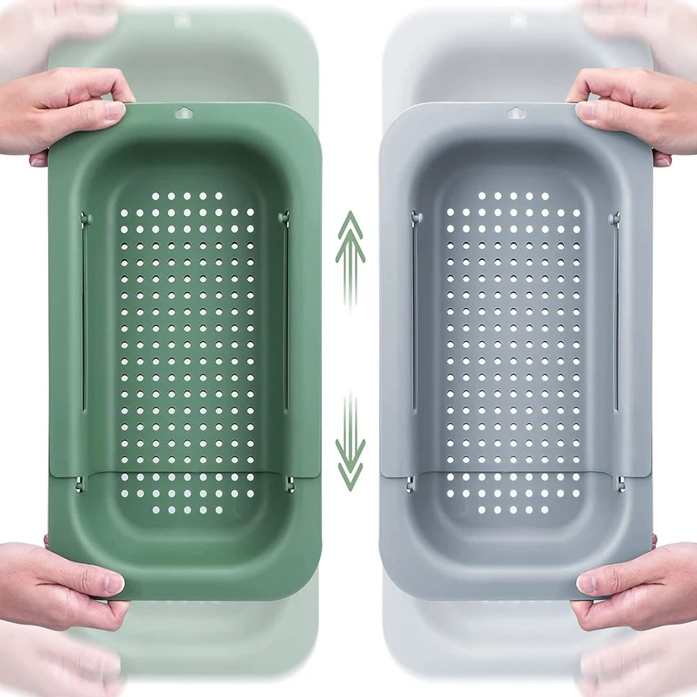 Escorredor retrátil para pia expansível em silicone e aço inox em fundo branco
