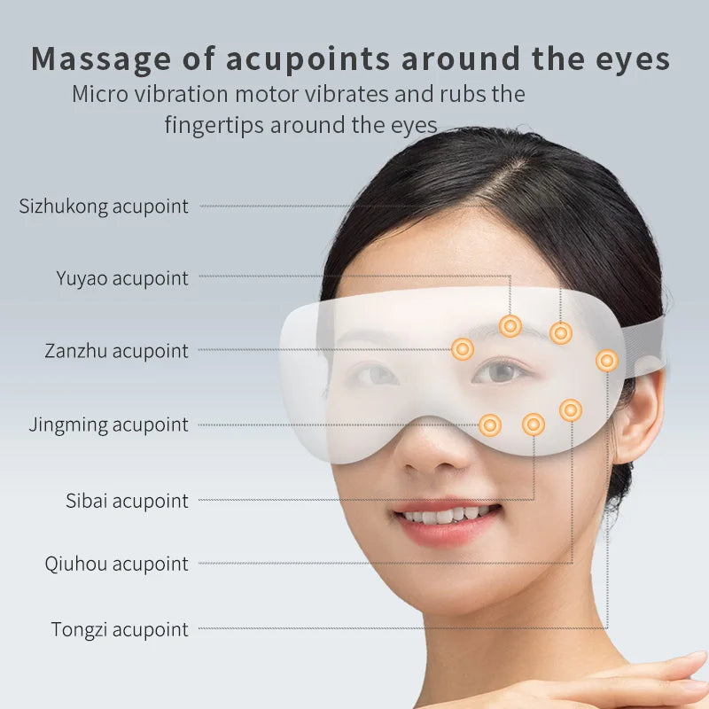 Massageador elétrico para olhos com aquecimento e Bluetooth em fundo branco