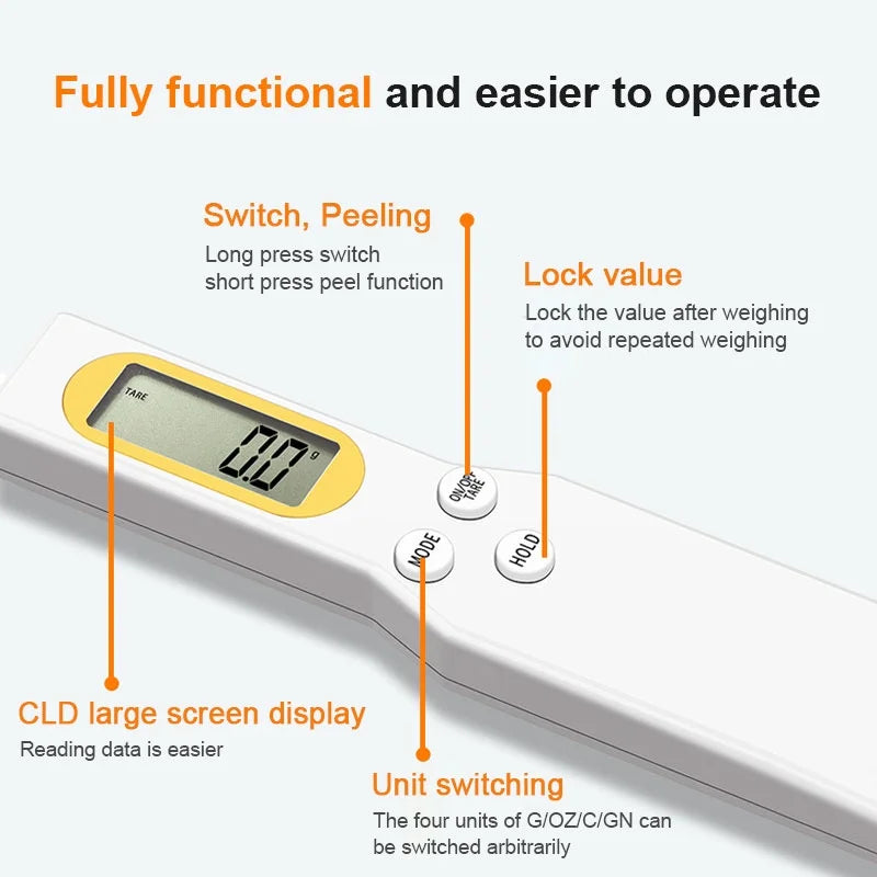 Colher medidora digital com display LCD 500g precisão 0,1g em fundo branco