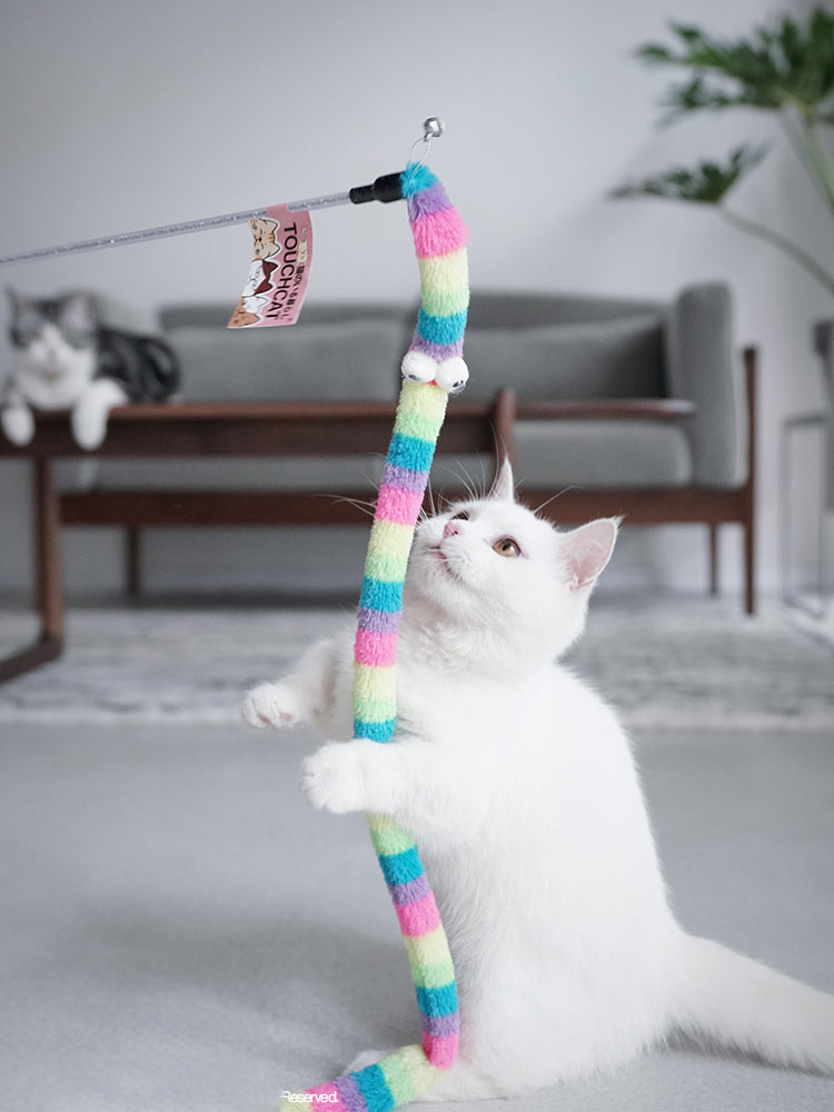 Varinha interativa com penas e sino para gatos em fundo branco