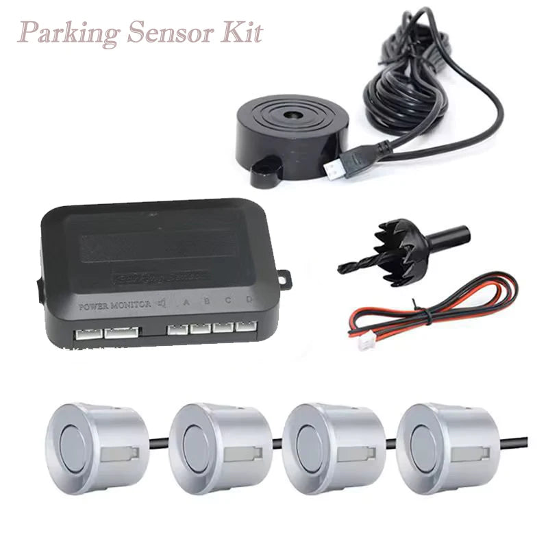 Kit sensor de estacionamento com 4 sensores e alarme sonoro em fundo branco
