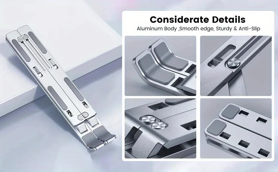 Suporte para notebook ajustável em alumínio dobrável em fundo branco