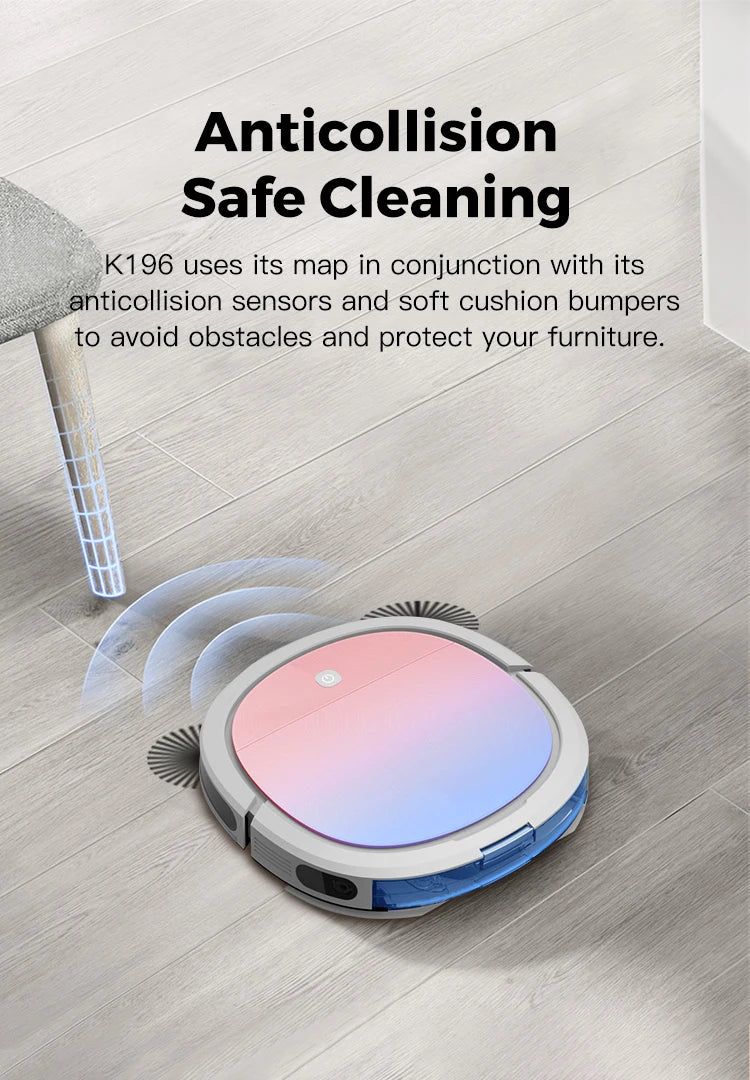 Robô aspirador inteligente com WiFi e tanque de água em fundo branco
