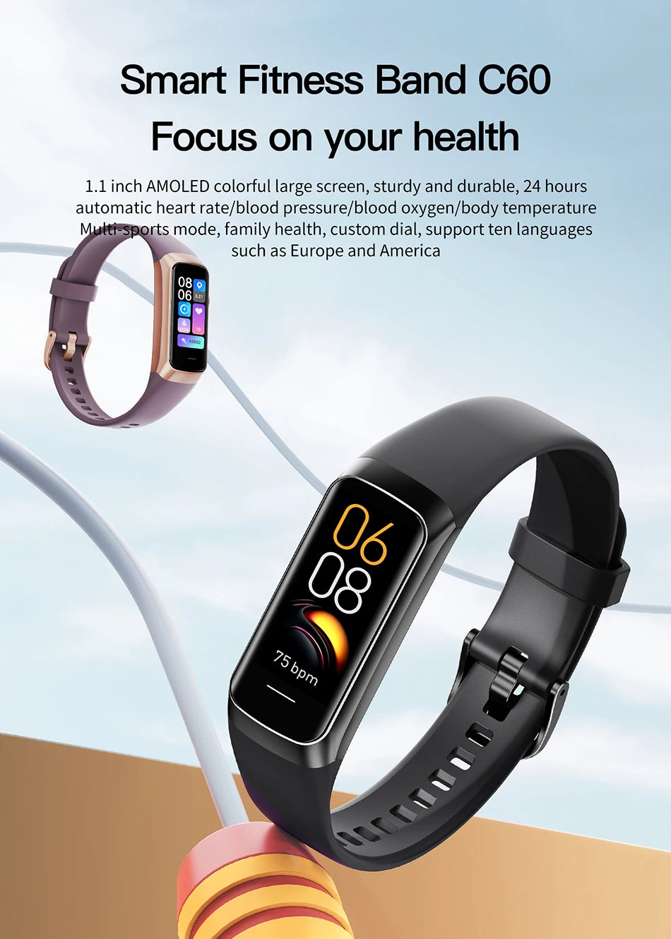 Smartwatch amoled com monitor cardíaco em fundo branco