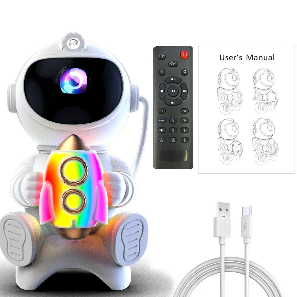 Projetor astronauta galáxia RGB com Bluetooth em fundo branco