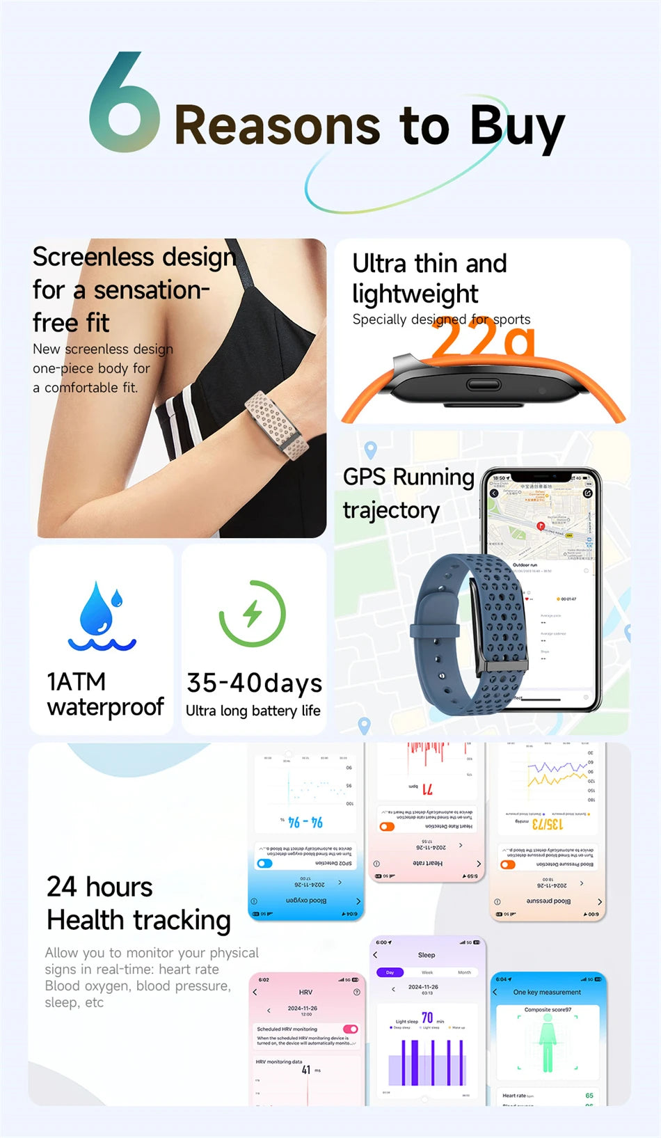 Pulseira fitness inteligente à prova d'água com monitor cardíaco em fundo branco