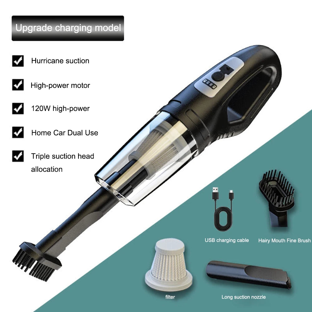 Aspirador automotivo portátil USB 120W sem fio em fundo branco