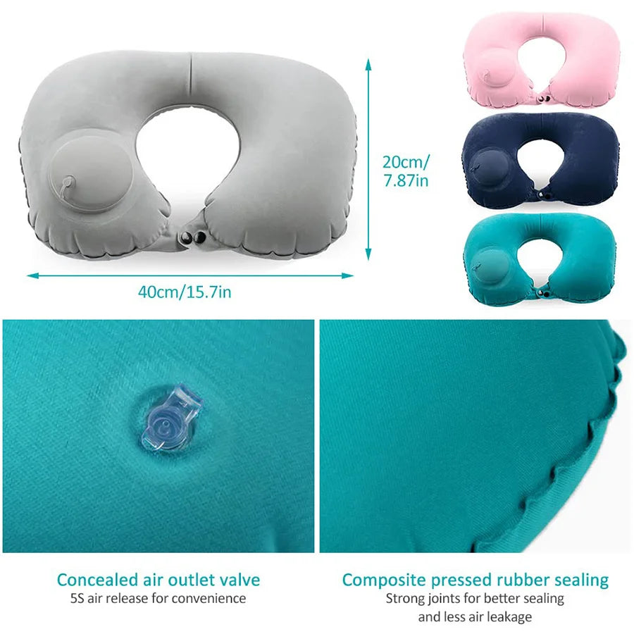 Travesseiro de pescoço inflável portátil para viagem em fundo branco