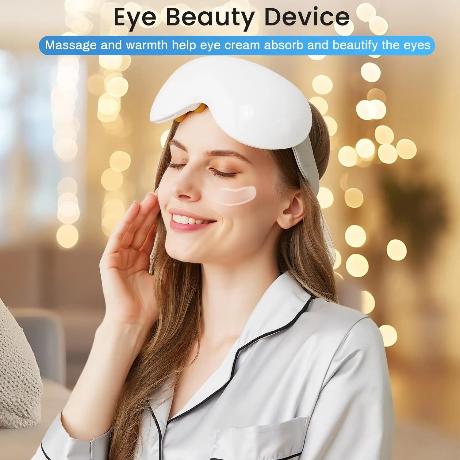 Massageador elétrico para olhos com aquecimento e Bluetooth em fundo branco