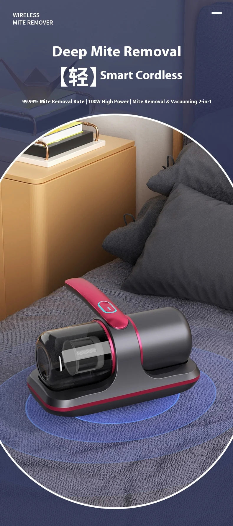 Aspirador de colchão portátil com luz UV 12000Pa em fundo branco
